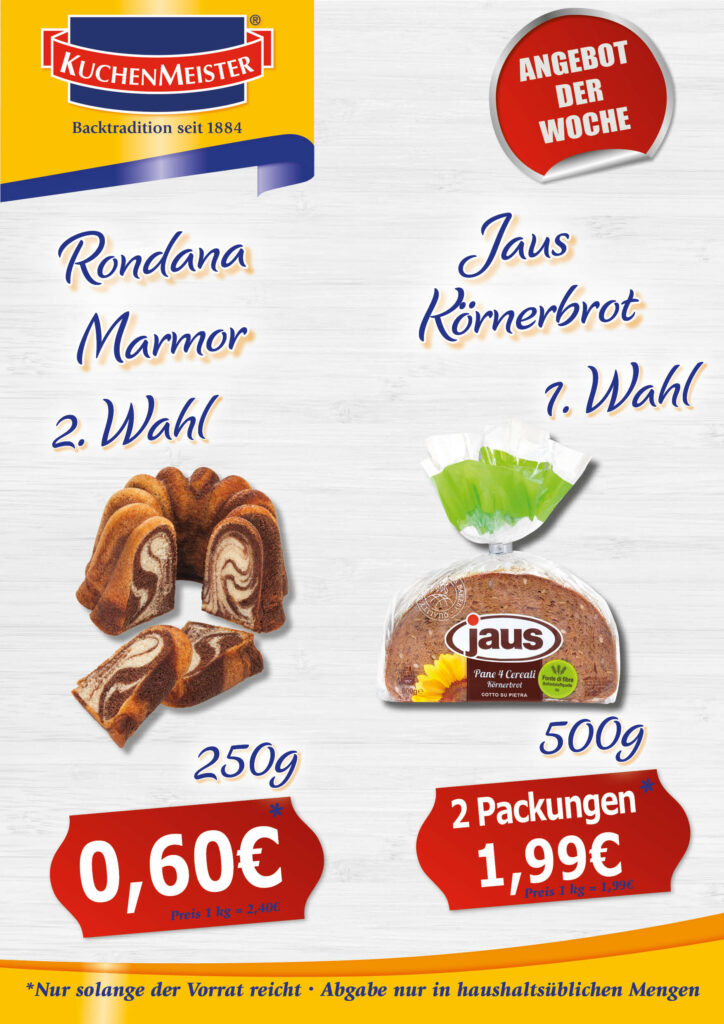 NEU Preisschilder Angebot der Woche KW37 2024 Jaus Körnerbrot und Rondana Marmor