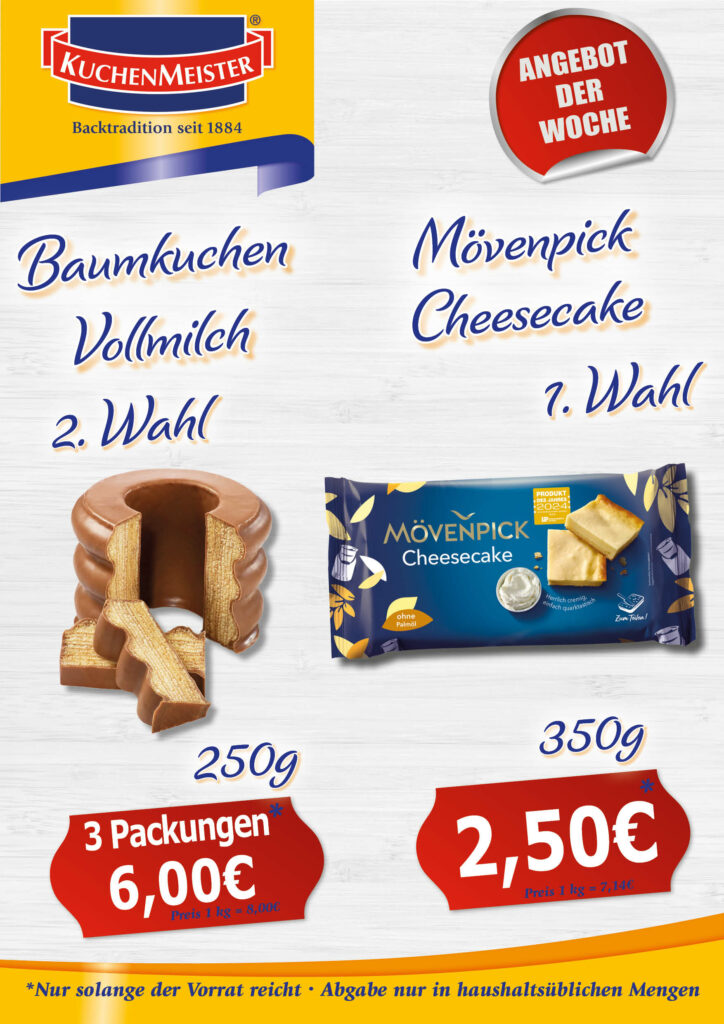 NEU Preisschilder Angebot der Woche KW42 2024 Baumkuchen Vollmilch und MP Cheesecake